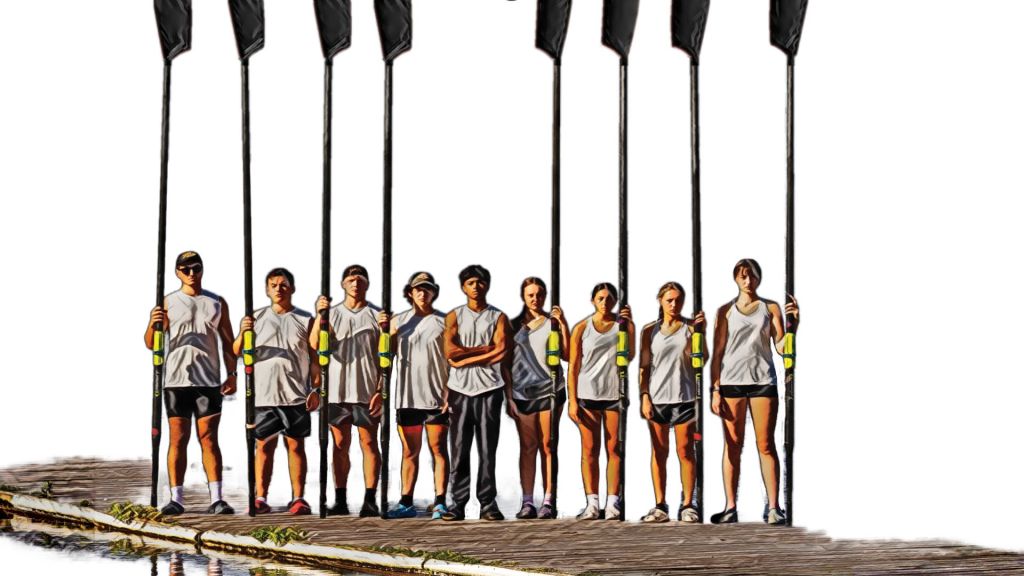 A crew of young rowers on a dock holding oars