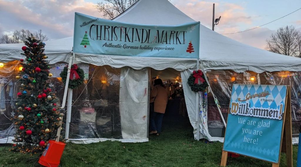 The exterior of the festively decorated vrndors' tent at Germania of Poughkeepsie's Christkindlmarkt