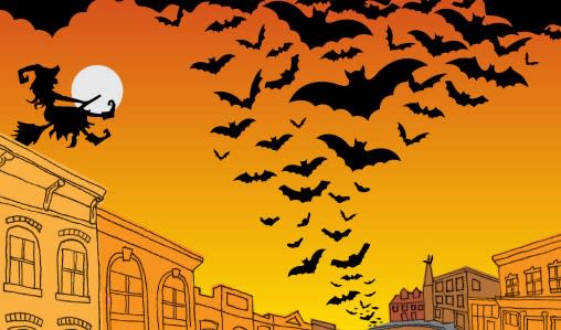 A witch and bats flying in front of a full moon.