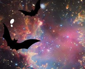 The first image shows bats flying in space with stars.