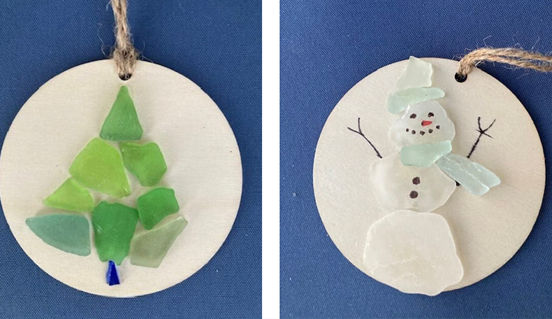 Holiday ornaments made of sea glass such as those which will be made at the Sea Glass Ornaments by Gina workshop at Ruby Hill Farm in Clinton Corners
