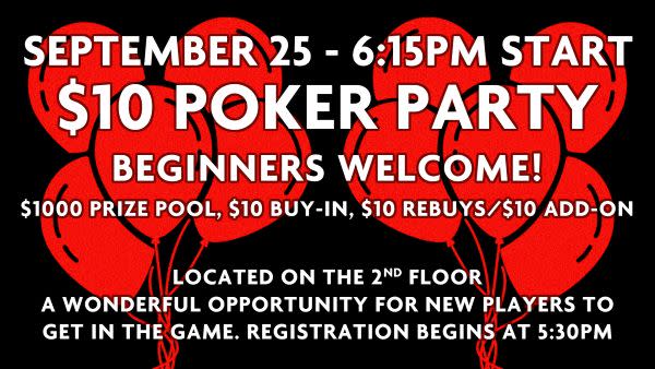 $10 POKER PARTY – WELCOME BEGINNERS – SEPT. 25 photo