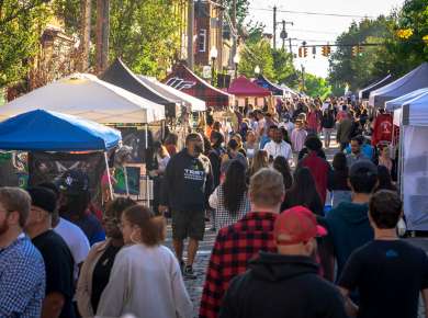 Crowds walk through a busy Art on Lark festival in Albany, NY, lined with vendor tents, local artists, and food stands during a sunny evening.