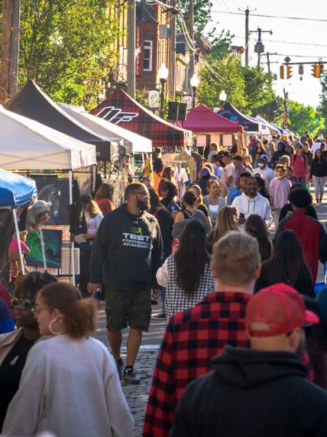 Crowds walk through a busy Art on Lark festival in Albany, NY, lined with vendor tents, local artists, and food stands during a sunny evening.