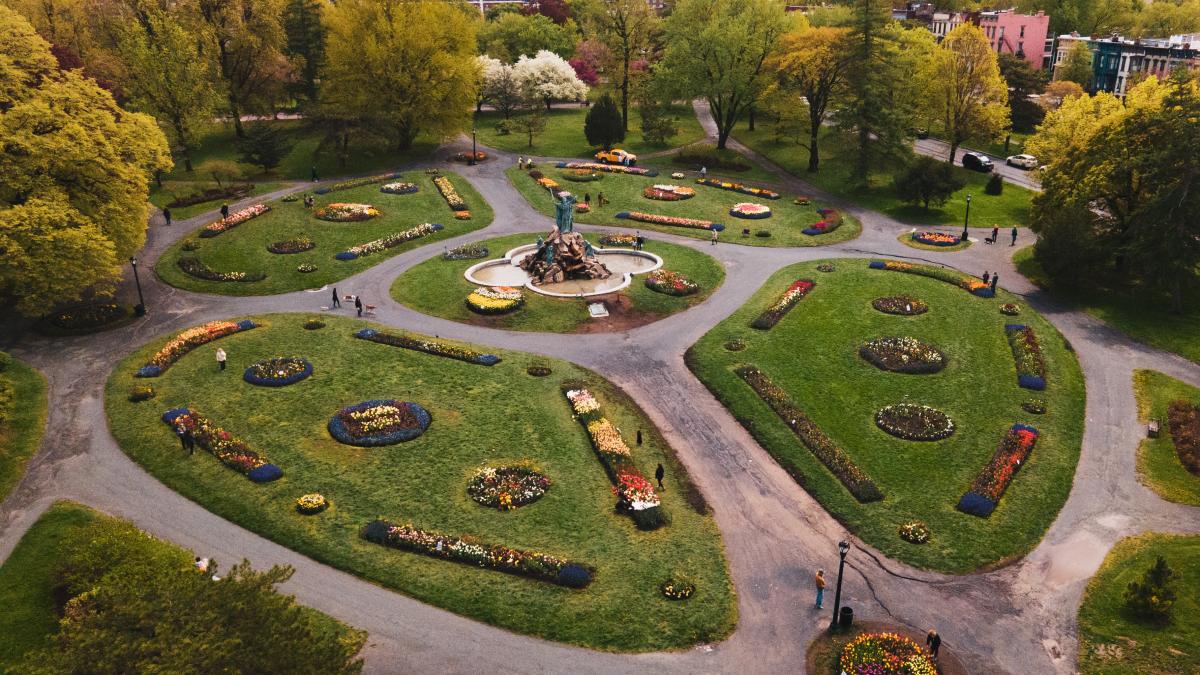 Aerial view of Washington Park with winding paths circling colorful tulip flowerbeds and a central fountain statue, surrounded by spring-green trees as a few people stroll through the gardens.
