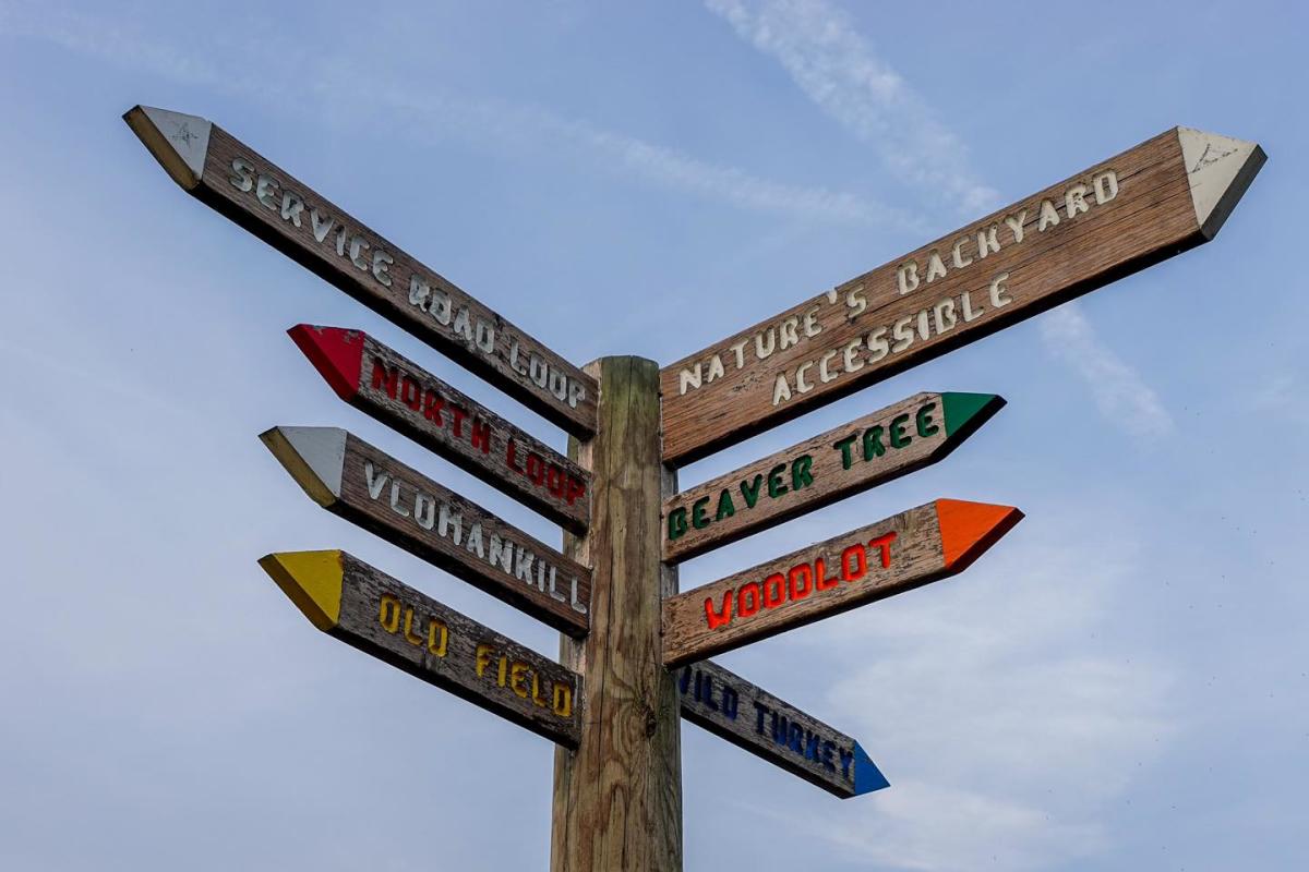 Five Rivers Environmental Education Center trail sign in Delmar, Albany County, New York.