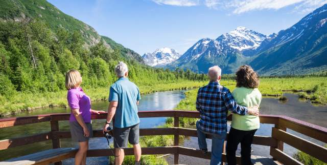 Eagle River Nature Center viewing platform in a mountain valley within Alaska's Chugach State Park, just 40 minutes from Anchorage.