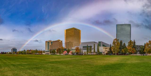 Rainbow over downtown Anchorage's Park Strip