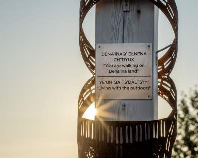 A Dena'ina place names marker stands recognizing Nuch'ishtunt: the place protected from the wind.