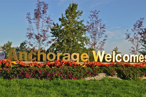 A sign east of downtown welcomes guests to Anchorage