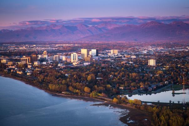 Fall view of Anchorage and surrounding mountains
