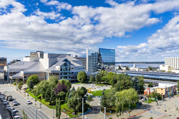 View of Town Square Park in downtown Anchorage.