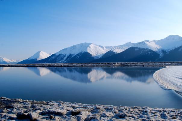 The bore tide rolls along Turnagain Arm near Anchorage