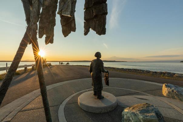 A statue of Athabascan elder Grandma Olga near the mouth of Ship Creek in Anchorage.