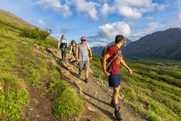 People hike in the Glen Alps area of Chugach State Park in Anchorage.