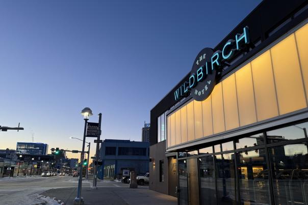 The Wildbirch Hotel at dusk in downtown Anchorage.
