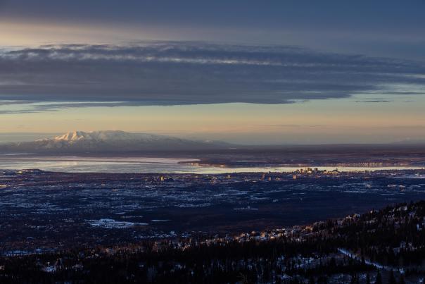 A scenic view of Anchorage, Cook Inlet, and Mount Susitna.