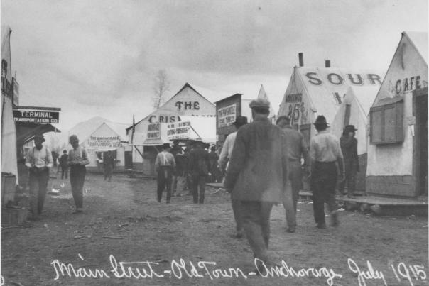 A black and white photo of Anchorage, circa 1915.