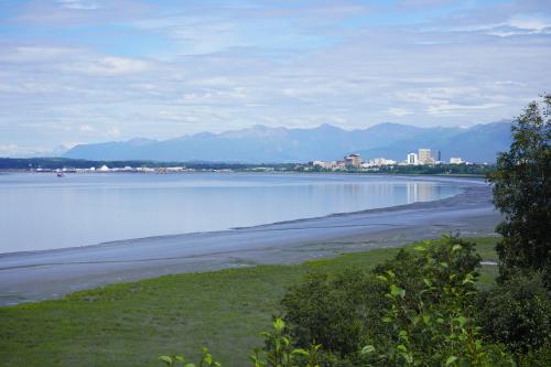 Cook Inlet and downtown Anchorage as seen from a vantage point near Earthquake Park.
