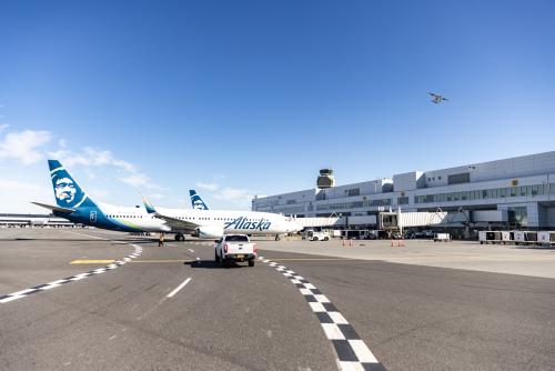 Wide shot of an Alaska Airlines airplane.