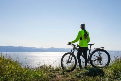 A cyclist looks out over Cook Inlet from the bluff in Anchorage's Kincaid park on a sunny summer day.