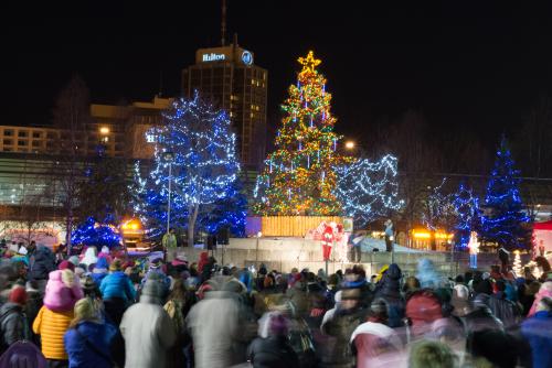 The Friday after Thanksgiving marks the annual Tree Lighting Ceremony at Town Square Park in downtown Anchorage.
