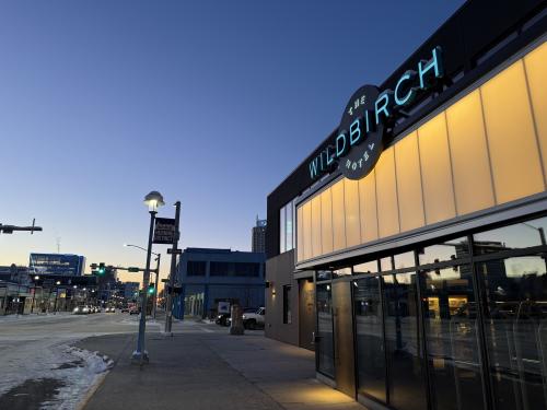 The Wildbirch Hotel at dusk in downtown Anchorage.