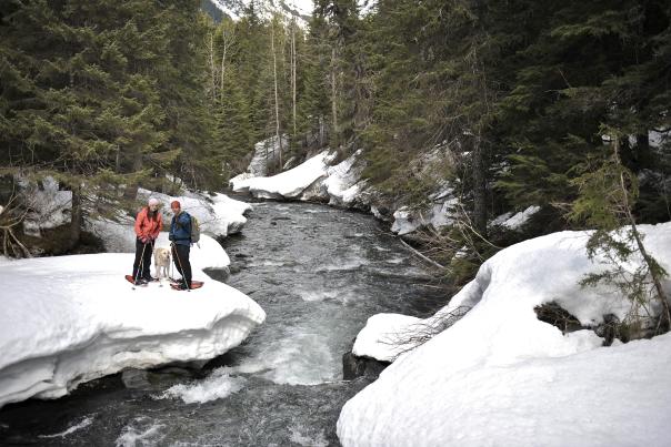 Snowshoeing Winner Creek near Girdwood in winter