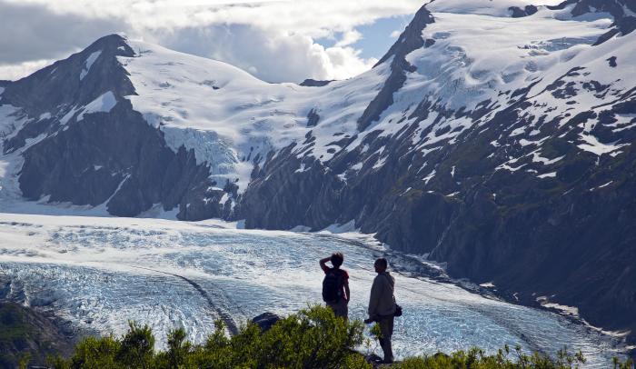 People admiring Portage Glacier