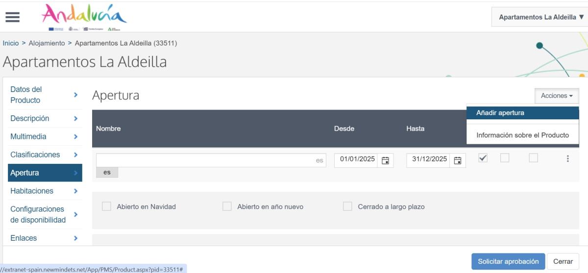 Horario (apertura) de un producto