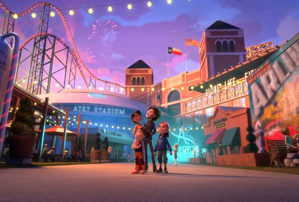 Animation of a family taking in the sights of Arlington, TX