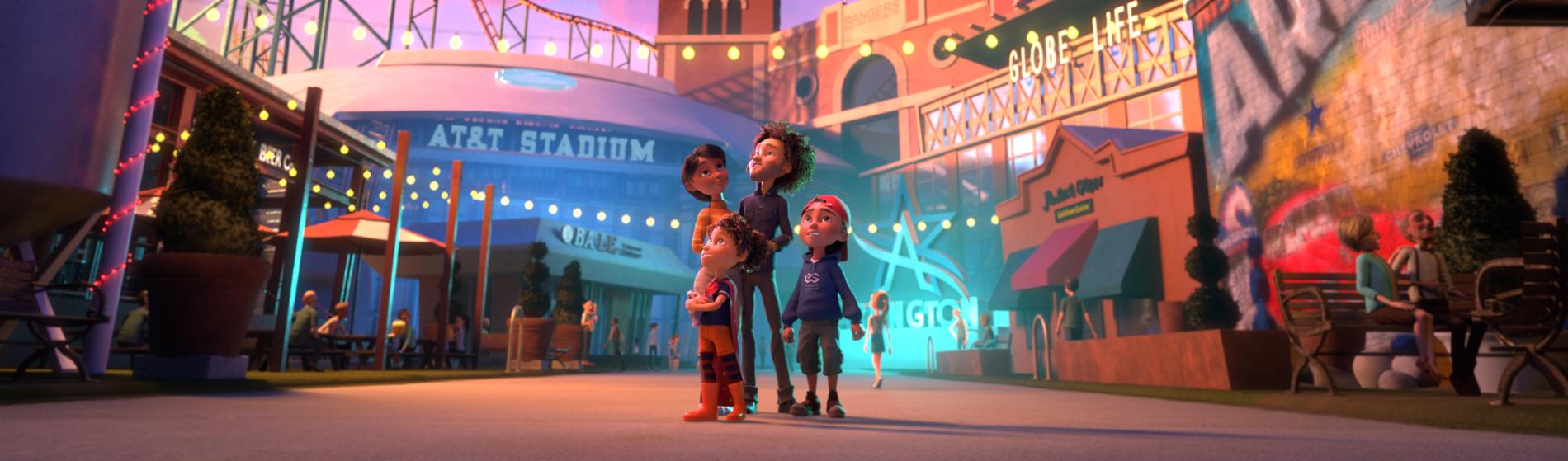 Animation of a family taking in the sights of Arlington, TX