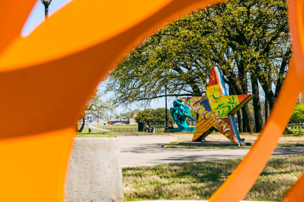 Meadowbrook Sculpture Garden Perspective Image of Star and blue sculpture