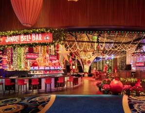 Jingle Bell Bar at Ocean Casino with holiday lights and decor.