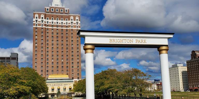 The Claridge Hotel as seen from Brighton Park just off the beach and Boardwalk in Atlantic City.