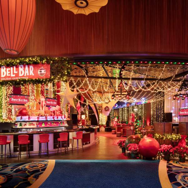 Jingle Bell Bar at Ocean Casino with holiday lights and decor.