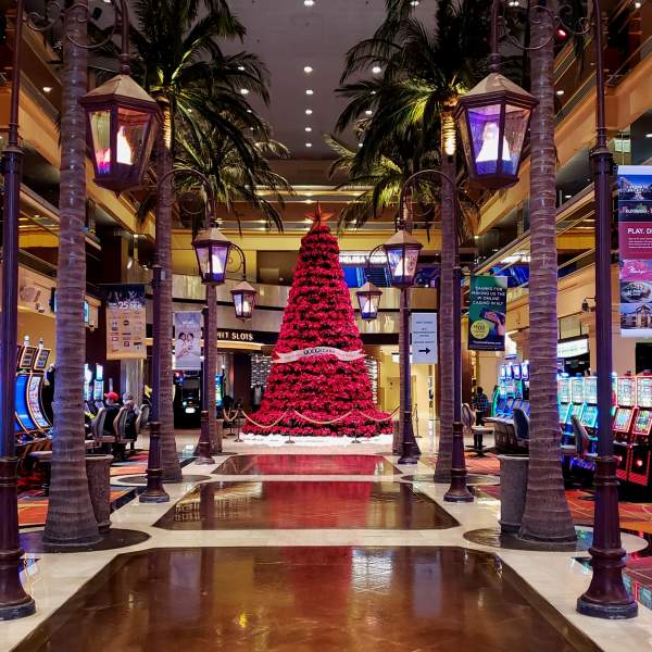 Indoor Poinsettia Holiday Tree Display at Tropicana Atlantic City during the holidays.