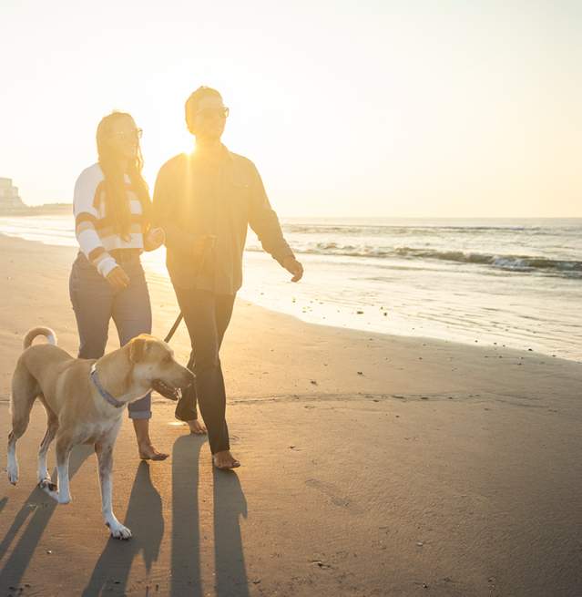 A couple walks on the beach in Atlantic City, NJ with their medium size dog on a leash.