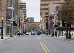 Stretch of Pacific Avenue near Jim Whelan Boardwalk Hall at Mississippi Avenue looking south towards Tropicana overpass.