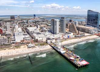 Aerial of Shoreline, Boardwalk, and City