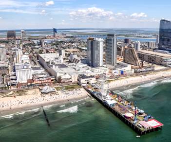 Aerial of Shoreline, Boardwalk, and City