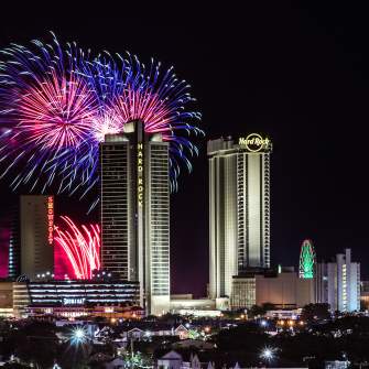 Fireworks dazzle over the beach and Boardwalk with North Beach Atlantic City resorts in view.
