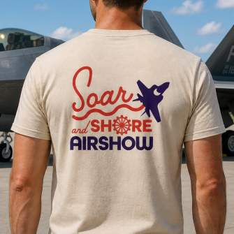 A person models the branded Atlantic City Soar & Shore Airshow t-shirt.