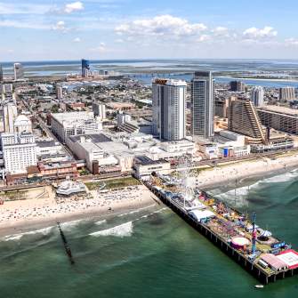 Aerial of Shoreline, Boardwalk, and City
