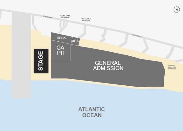 Atlantic City beach concert map of key areas. The concert stage is positioned on the left of a beach…