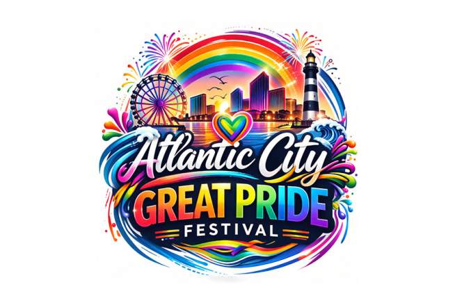 Atlantic City Great Pride Festival logo with colorful rainbow, lighthouse, city skyline, ferris wheel and heart at center.