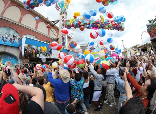 Crowds gather for Resorts Memorial Day Beach Ball drop on the Atlantic City Boardwalk.