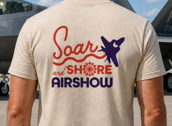 A person models the branded Atlantic City Soar & Shore Airshow t-shirt.