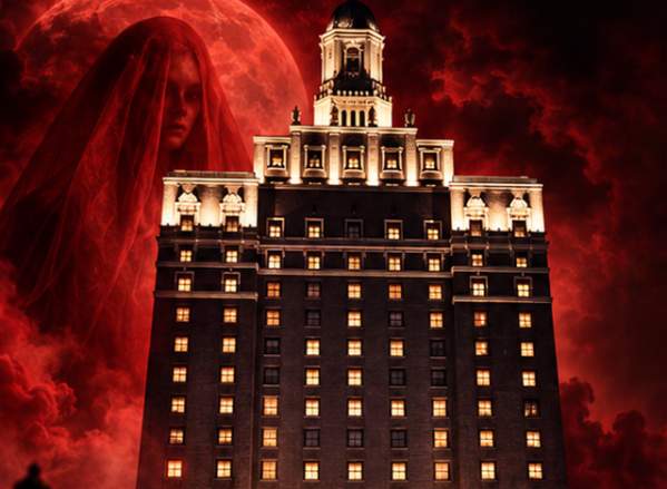 A tall, lit building stands in the foreground against a background of a blood-red sky and a giant moon featuring a veiled ghostly face.