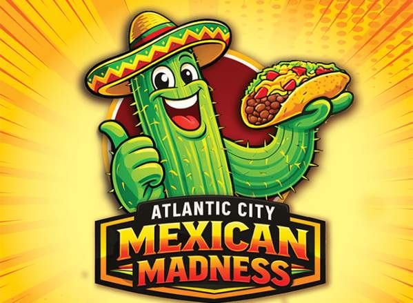 Atlantic City Mexican Madness - A cactus cartoon character with a sombrero hat and holding a hard shell taco.